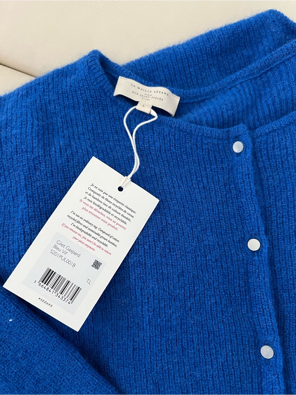 NWT Sezane Gaspard Blue Women's Button Cardigan Sweater L - Picture 2 of 4
